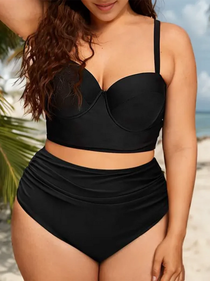 Large Plus Size Push Up Solid Bikini Two Piece High Waist Swimsuit Women Swimwear Female Bathing Suit Beachwear Swimming