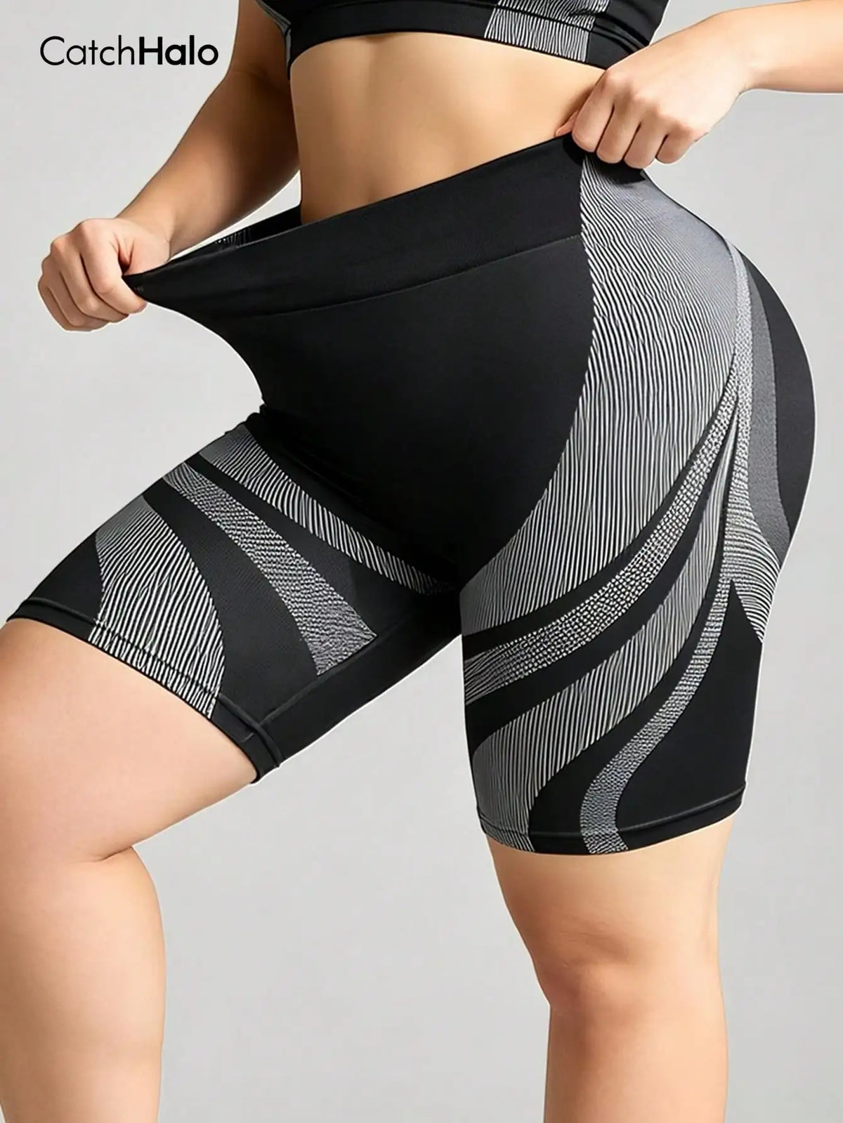 Plus Size Women High Waist Seamless Gym Shorts, Grey Black Color Block Butt Lifting, High Stretch, Yoga Running Biking, Summer