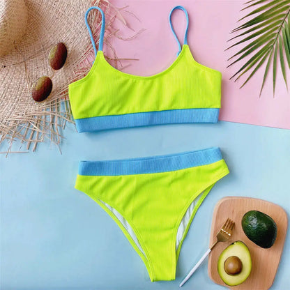 Colourful Ribbed Female Swimsuit High Waist Bikini Women Swimwear Two-piece Bikini set Bather Bathing Suit Swim Lady