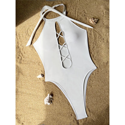 S - XL 7 Colors Lace Up High Neck Full Back Women Swimwear One Piece Swimsuit Female High Leg Cut Bather Bathing Suit Swim