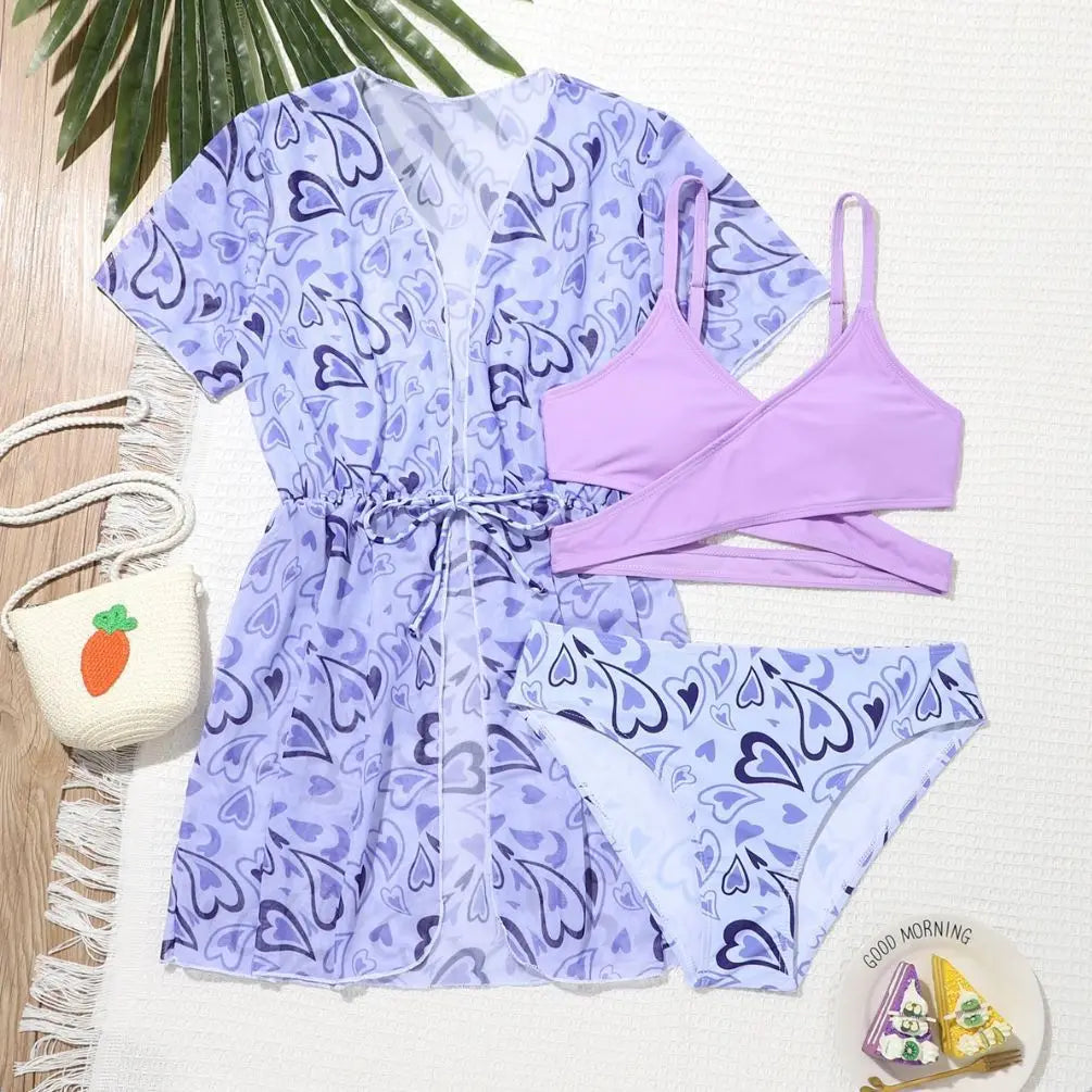 Girls 3pack Heart Print Bikini Sets with Kimono Cross Wrap Swimsuit Kids 7-12 Years Children's Swimwear 2024 Teens Bathing Suit
