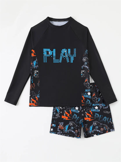 Boy Kids Swimsuit Solid Print Long Sleeves Two Piece Children Swimwear Summer Shorts Beach Wear Bathing Suit Swimming