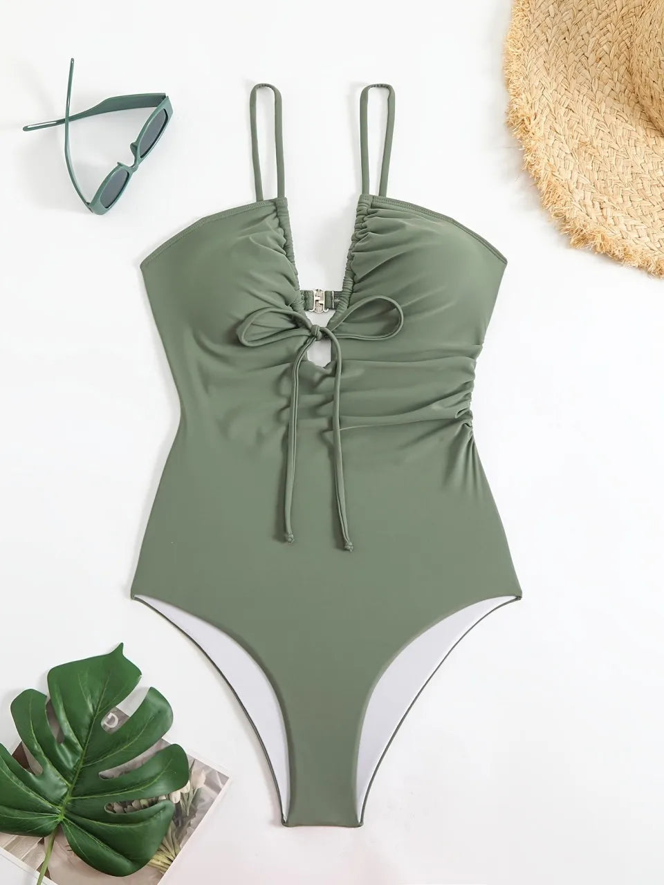 Slim Strappy Swimsuit One Piece Army Green Tie String Swimwear Female Bathers Bathing Swimming Suit Padded  Beachwear