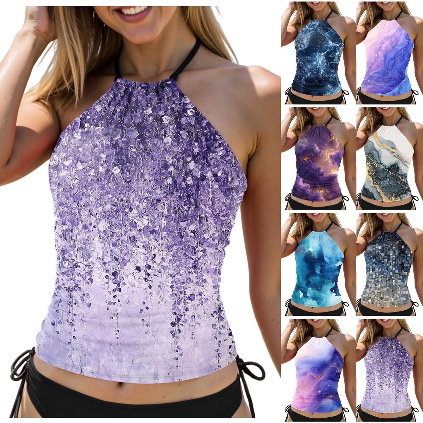 Women's Gradient Print Conservative Swimsuit Backless Hanging Neck Cover Tummy Tops Mid Waist Side Tie Shorts Tankini Swimsuit