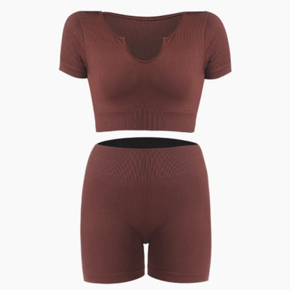 Ribbed Yoga Clothing Sets Women High Waist Shorts Short Sleeve Two Piece Set Seamless Tracksuit Fitness Workout Outfits Gym Wear