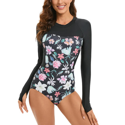 Women Print Long Sleeve One Piece Swimsuit Zipper Swimwear Bathing Suit Beach Wear Vintage Bodysuit Surfing Swim Suits