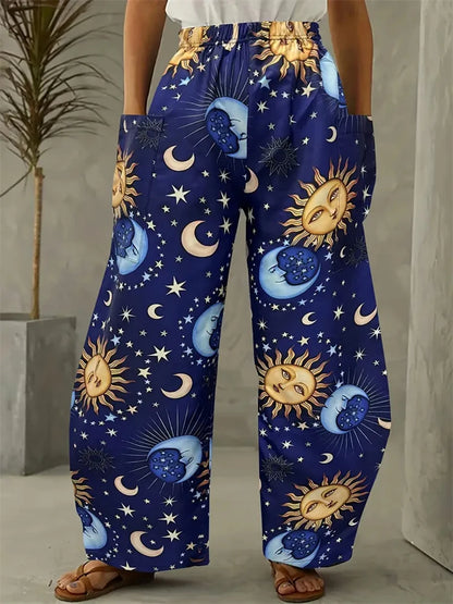Simple Star And Moon Abstract Sun Print Pants Fashionable European And American Ladies Wide-leg Pants Delicate And Elegant Pants