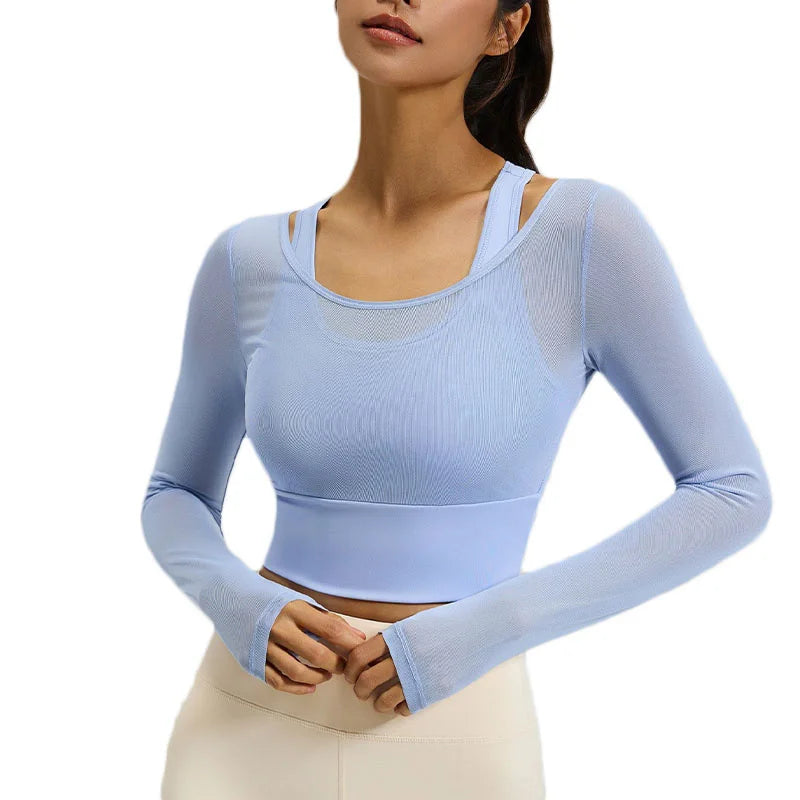 Women's Long-Sleeve Mesh Gym Crop Top with Padded Bra