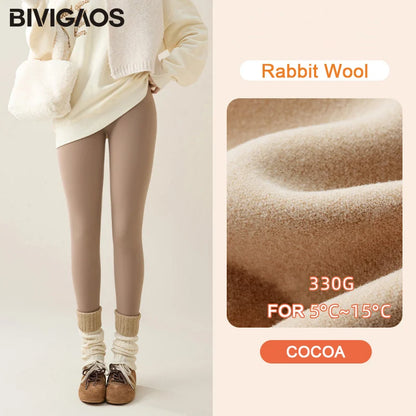 Autumn Winter Rabbit Fleece Sharkskin Leggings Women Casual Basic Thicken Warm Leggings Brown Fleece Lined Tights