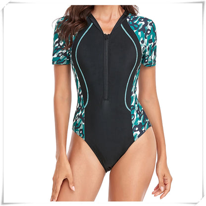 Short Sleeve Zipper One Piece Swimsuit Zebra Print Swimwear Women Diving Clothes Surfing Beachwear Bathing Swimming Suit