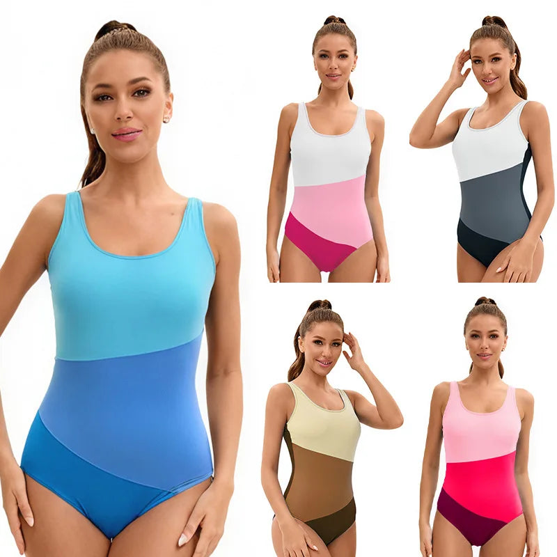 Women's One Piece Swimsuit Tummy Control Bathing Swim Suit Slimming Color Block Scoop Neck Summer Swimwear for Lady