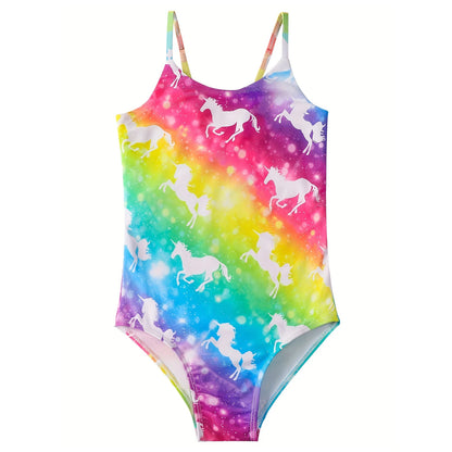 Girls Swimsuit, One-Piece All-Over Print Swimwear, Bikini Cut Bottom, Rainbow Shimmer Pattern, Beach Pool Bathing Style, Summer