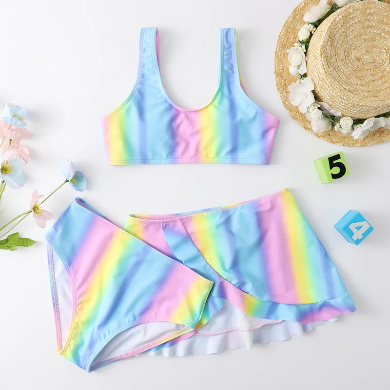 Girls 3 piece Rainbow Bikini Sets With Skirts Cover Up Beach Kids Swimsuit 7-12 Years Children's Swimwear Teens 2024 Summer