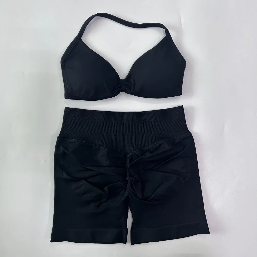 2PCS Gym Set Women Strappy Yoga Bra Top High Waist Workout Scrunch Shorts Sports Suit Seamless Yoga Set Fitness Clothes