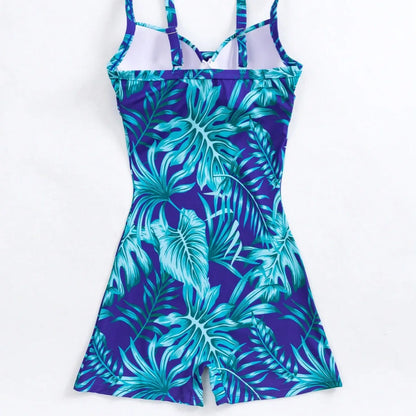 One Piece Swimsuits Women Swimwear Blue Floral Print Fashion Bodysuit Female Summer Backless Surfing Beachwear