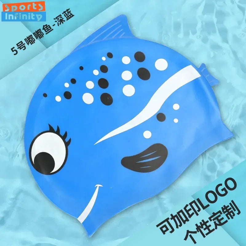 Children's Swimming Caps Waterproof Cartoon Swimming Cap for Boys and Girls Universal Cartoon Fish Shaped Soft Silicone Swim Cap