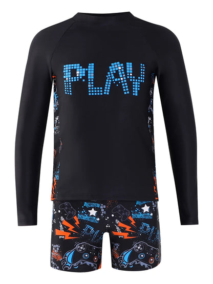 Boy Kids Swimsuit Solid Print Long Sleeves Two Piece Children Swimwear Summer Shorts Beach Wear Bathing Suit Swimming