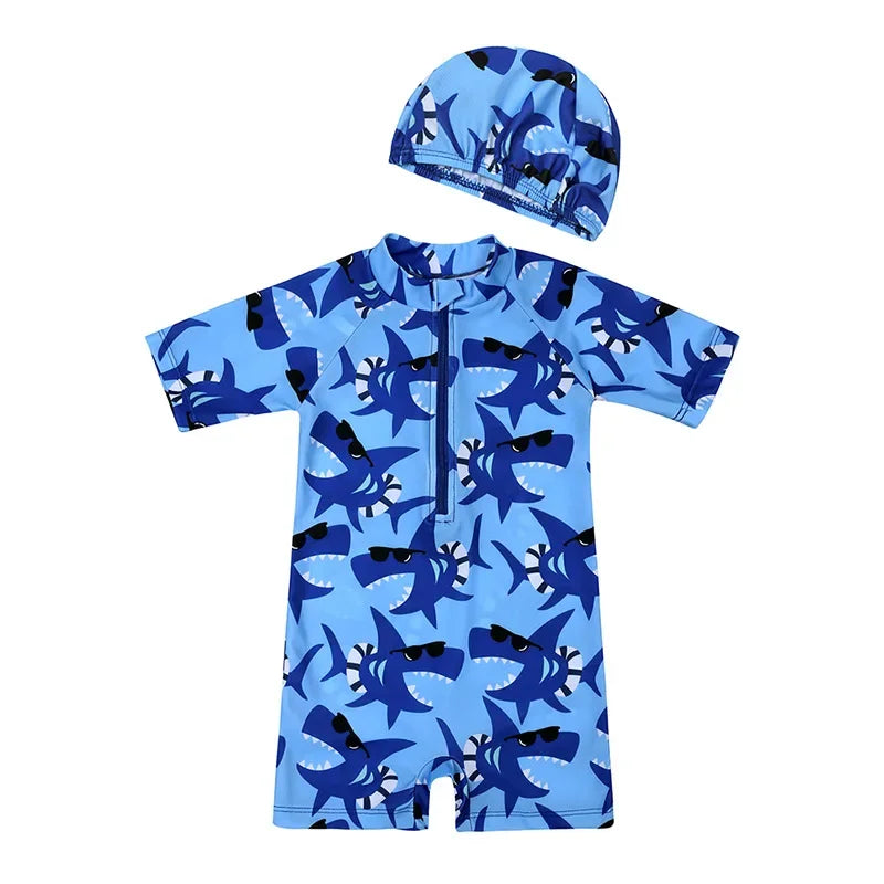 Baby Boys Girls 2pcs Summer Beach Swimwear Print Cartoon Cap+Bodysuit Infant Suit Outfit Bathing Swimsuit