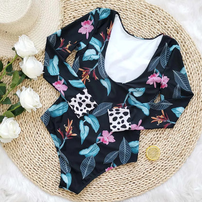 Surfing Sport Long Sleeves Swimsuit For Women Floral Printed High Quality Swimwear Patchwork Bathing Suit Tropical Summer