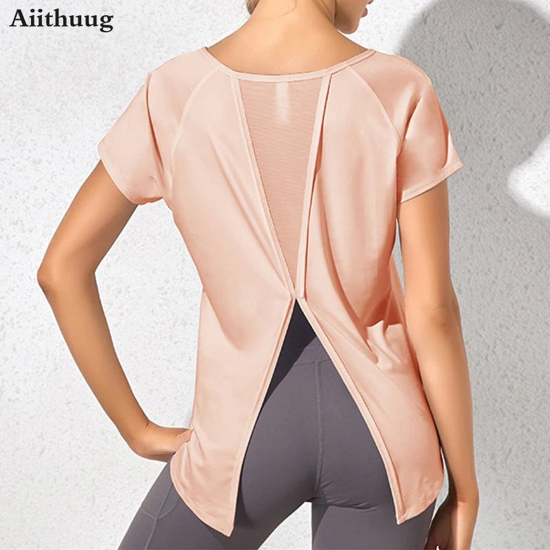 Mesh Back Dovetail Split Beauty Back Yoga Top Round Neck Fast Drying Sports Wear Breathable Gym Workout Pilates Shirts