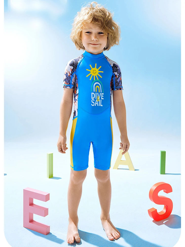 Children's Swimsuit Boys One-Piece Swimsuit Short-Sleeved Beach Sunscreen Professional Training Swimsuit