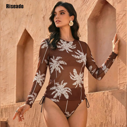Womens Long Sleeve Mesh Rash Long Sleeve Sexy High Waist Surfing 2 Piece Swimsuit Bathing Suit Smart Fabric Swimming Suit