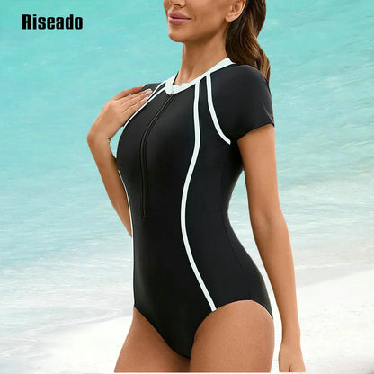 One Piece Swimsuit Mock Neck Zipper Short Sleeve Bathing Suit for Athletic beach clothes for lady