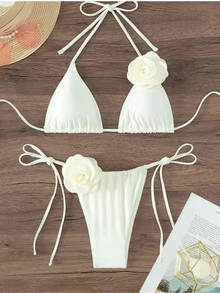 Flower Bandeau Swimwear Thong Bikini Women Lace-up Swimsuits Swimming Bathing Suit Brazilian Bikinis Set Mujer Biquini