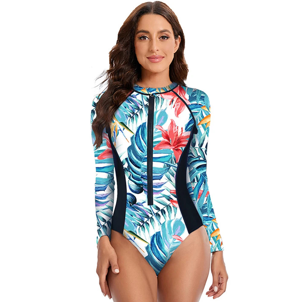 Womens Athletic One Piece Swimsuits Rashguard Long Sleeve Swimsuit Sports Surfing Swimwear Bathing Suits Printed Half Zipper XXL