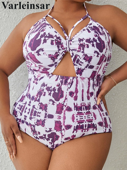 0XL - 4XL Printed Cut Out Halter Large Size Swimwear Plus Size One Piece Swimsuit Female Women Bather Bathing Suit Swim