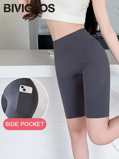 Side Pocket Biker Sharkskin Shorts Leggings Women Summer High Waist Thin Slim Skinny Yoga Running Sport Cycling Shorts