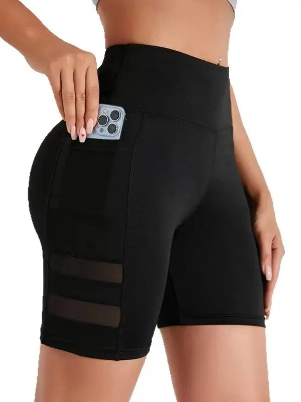 Yoga Pants, Pocket Shorts, Women's Casual Mesh Splicing Cycling Pants, High Waisted Fitness Pants, Sports Shorts