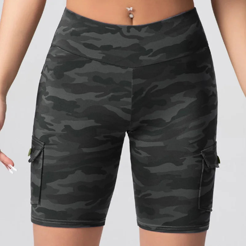 Camouflage Printed Women Shorts with Pockets Butt Lifting Tummy Tight Elastic Slim Outdoor Running Workout Shorts Streetwear