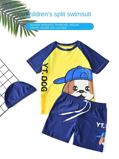 Children's Swimming Suit Teenage Boys' Swimsuits with Cap Cartoon Dog Sun Protection Short Sleeved Sports Swimwear Kids