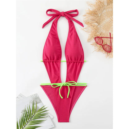 Deep V Neck Backless High Leg Cut Women Swimwear One Piece Swimsuit Female Wrap Around Monokini Bather Bathing Suit Swim