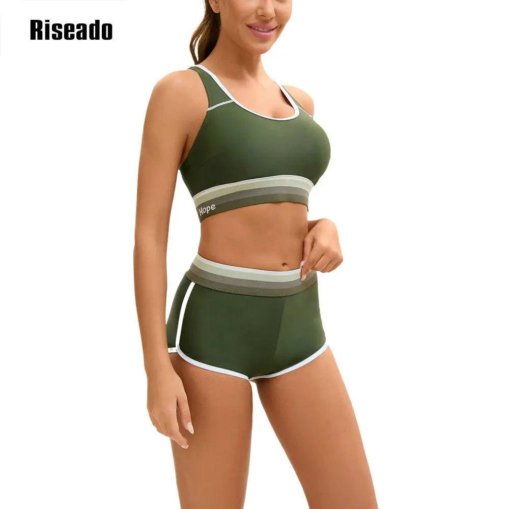 Women Color Block Athletic Two Piece Bathing Suits Sports Mid Waisted Swimsuits Girls Crop Top Tankini Sets