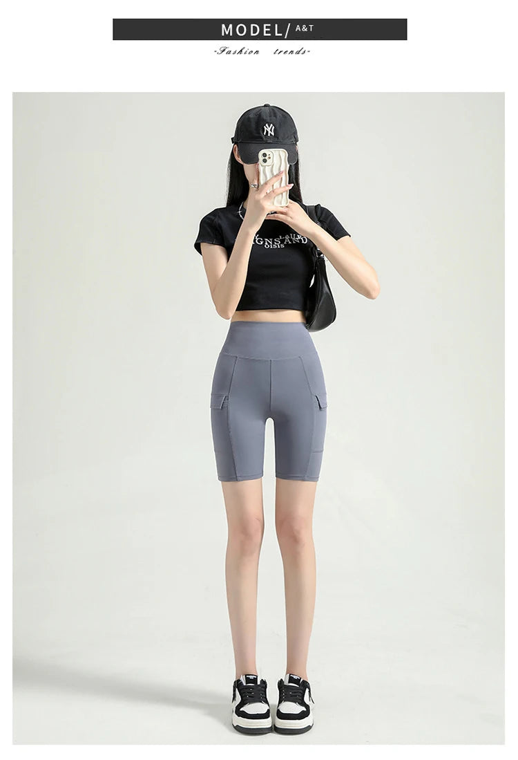 BIVIGAOS Summer New Cargo Pocket Shark Shorts Women's Sport Fitness Cycling Shorts High Waist Running Tight Biker Short Leggings