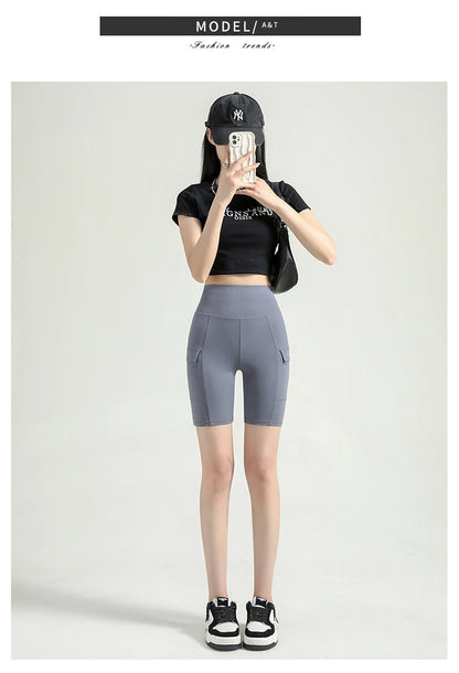 BIVIGAOS Summer New Cargo Pocket Shark Shorts Women's Sport Fitness Cycling Shorts High Waist Running Tight Biker Short Leggings