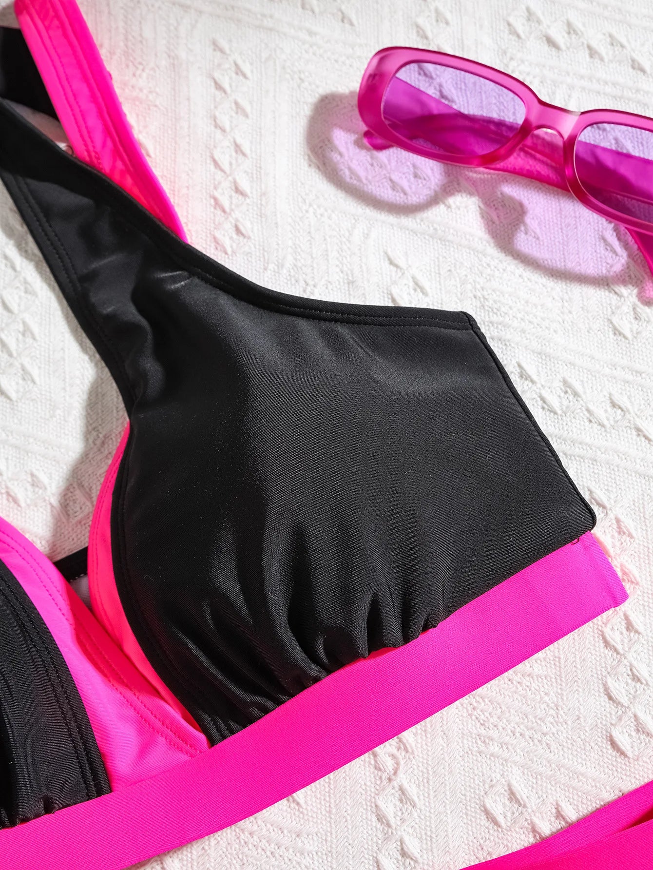 Vintage Black Patchwork Bikini Set Women Double Strap V Neck Push Up Pleated High Waist Swimsuit Beach Bathing Suit Swimwear