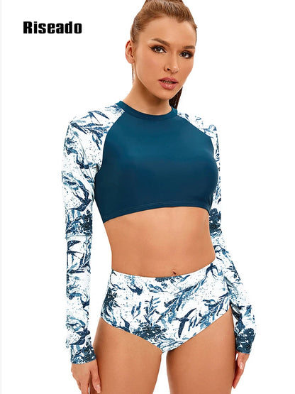 Womems Swimsuits Long Sleeve Two Piece Rash Guard UV Protection Crop Top Bathing Suits for Teen Girls
