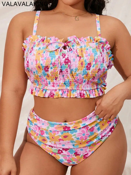 Print 2 Piece Plus Size Bikini Women Verge Strapped Large Swimsuit High Waist Lady Swimwear Beach Curvy Bathing Suit
