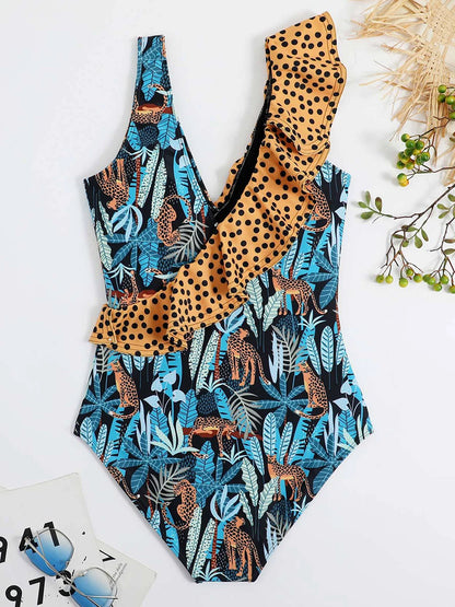 Feather Leaf Cheetah Printed One Piece Swimsuit Ruffle Swimwear Women Padded Bathing Swimming Suit Female Summer Bodysuit