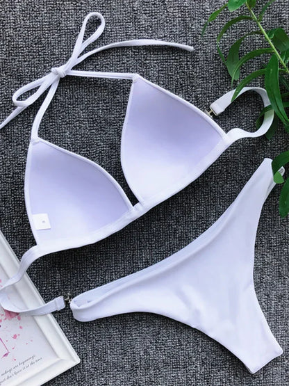 Halter Bra Cup Bikini Swimsuit Female White Swimwear Women Push up Bikini set Brazilian Bathing Suit Bandeau Swim suit