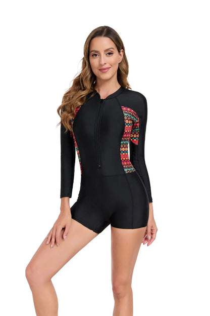 Zipper Patchwork One Piece Swimsuits Closed Long Sleeve Swimwear Sports Surfing Women's Swimming Bathing Suits Beach Bather