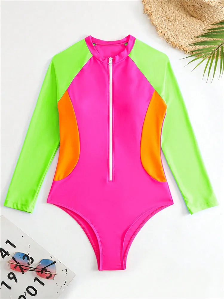 Long Sleeve Swimwear Women Rash Guard Surf Woman Swimsuit One-Piece Swimming Suit Beach Wear Bathing Suit Monokini