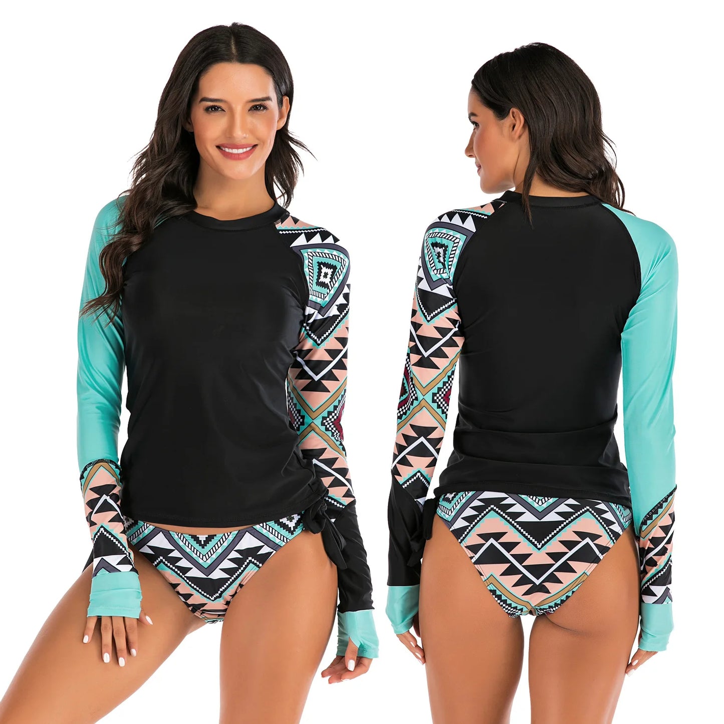 Long Sleeve Low Waisted Rash Guard with Bikini Briefs, UV Protection Women's Print Rash Guards Shirt Long Sleeve Set 2 Piece Swimsuit Bathing Suits
