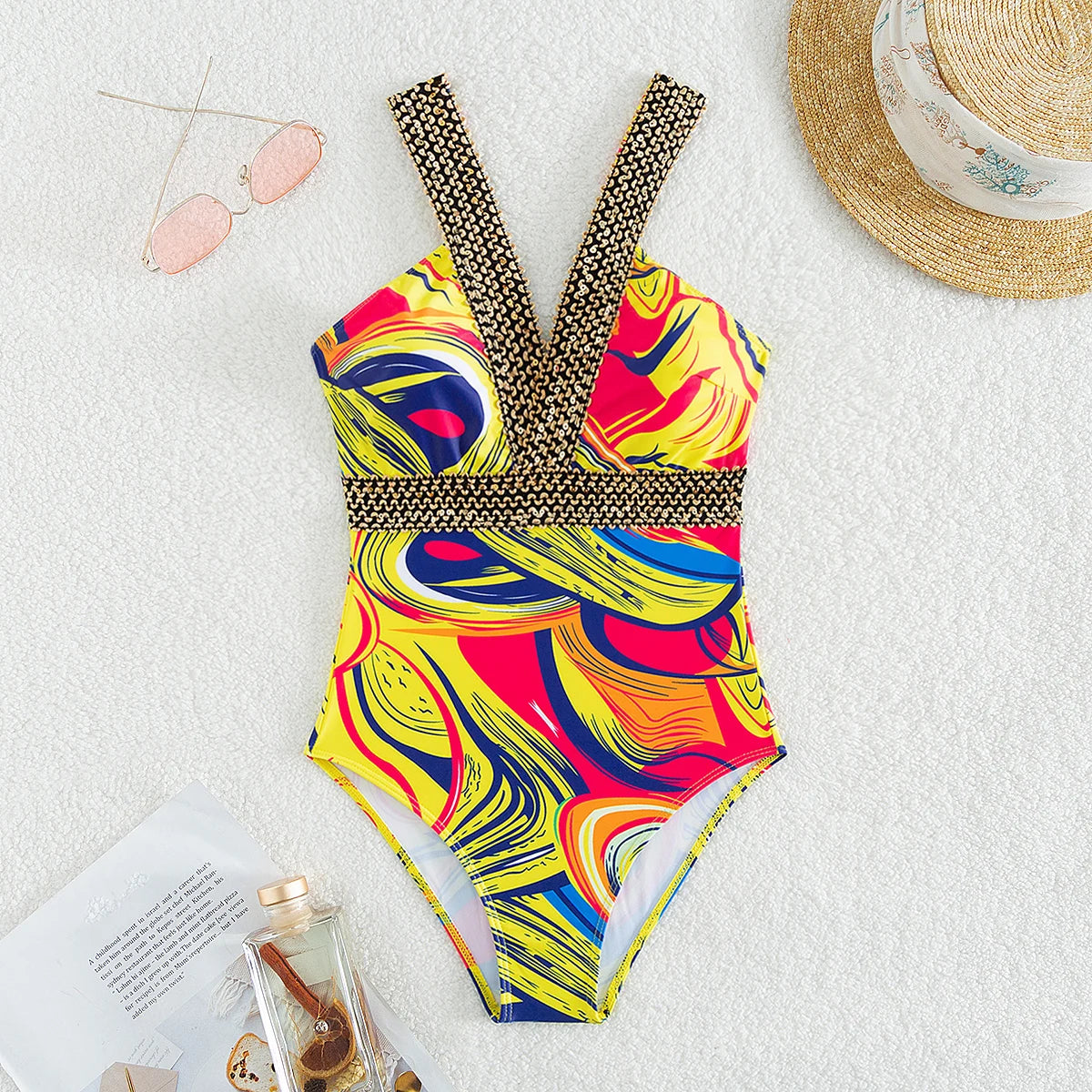 Yellow Design Print Strapped Swimwear Women Patchwork Push Up One Piece Swimsuit Monokini Backless Hollow Bathing Suit