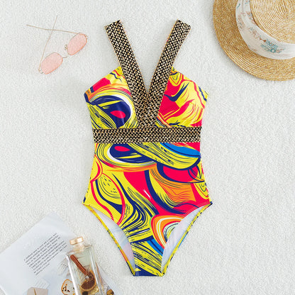Yellow Design Print Strapped Swimwear Women Patchwork Push Up One Piece Swimsuit Monokini Backless Hollow Bathing Suit