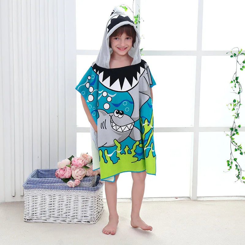 60X120cm Cartoon Kids Hooded Bath Beach Poncho Towels Shark Cute Bathrobe Toddler Boys Girls Cloak Child Bathing Stuff Quick Dry