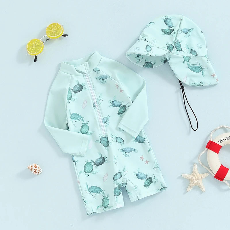 Baby Boy Swimwear Set, Whale Print Long Sleeve Rash Guard Swimsuit Sun Hat Toddler Bathing Suit Outfit 0-3T